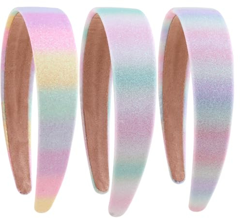 Lot de 3 Bandeaux à Cheveux, Serre-tête Enfant Pailletés, Colorés et Mignons Serre Tete Fille, Larges Épais Brillants Arcs en Ciel Bandeau Cheveux Fille, Accessoires Quotidien pour Cheveux de Fille