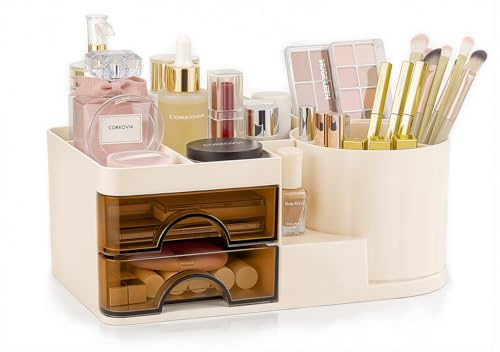Corkovia Organizer per Cosmetici con Cassetti, Porta-Trucchi Organizzatore con Rotazione a 360°, Organizer Multifunzionale per Make-up, Pennelli, Rossetto e Crema,Ideale per Toeletta,Bagno e Scrivania