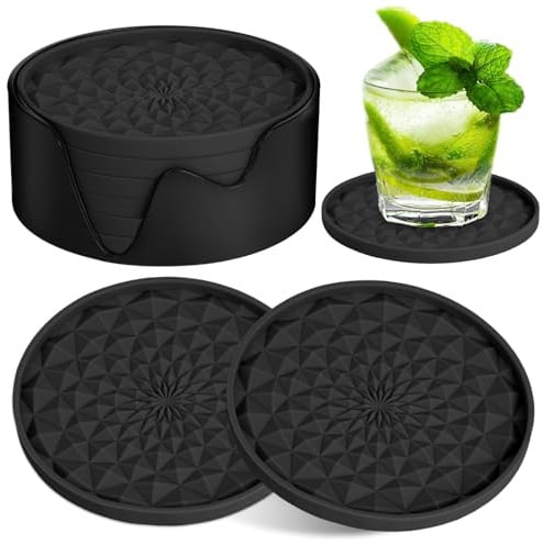 AUAUY 6 PCS Silicone Coasters with Storage Holder, Black | Silicone Thick Design(0.28inch), Drinking Coasters, Cup Mat for Hot or Cold Drinks, Thickened, Non-Slip, Non-stick, Deep Tray