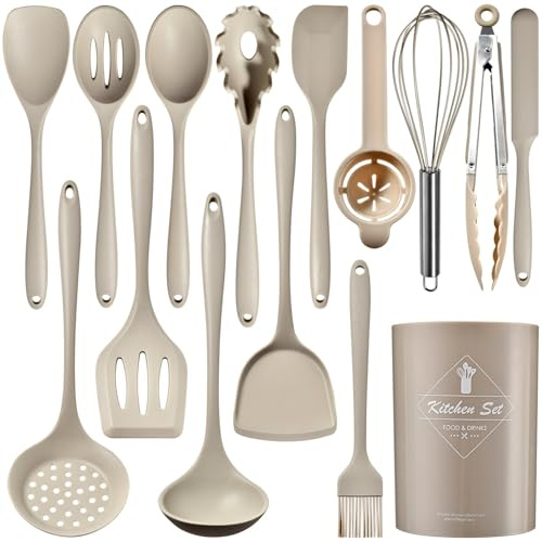 Köksredskap i silikon, köksbestick, set 15 st med rostfritt stål, värmebeständig, aud, non-stick-beläggning, köksredskap med redskapshållare, diskmaskinssäker, kaki(BPA-fri)