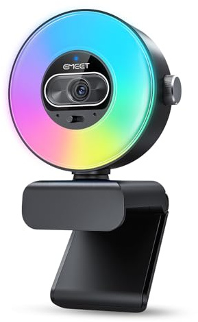EMEET Webcam S600L 4K per Streaming con Luce ad Anello, 4 Modalità di Illuminazione, Effetto Arcobaleno, Sensore da 1/2, Imaging AI, PDAF 0,2S, 2 Microfoni, Webcam 4K con Luce per OBS/Twitch/PC/Mac