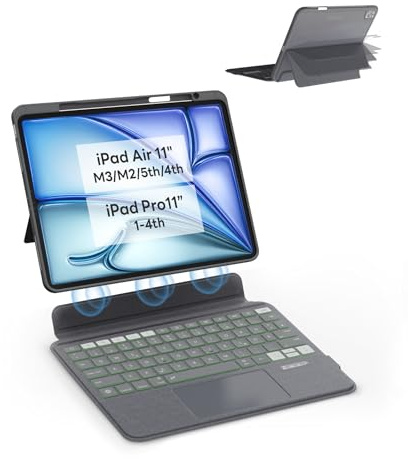 eip Magnetix Tastatur für iPad Air 11 Zoll M4/M3/M2/5/4, Pro 11 1/2/3/4 Gen | Magnetische abnehmbare Hülle mit Trackpad, 7-farbige Hintergrundbeleuchtung, schlankes Smart Case, QWERTZ-Layout