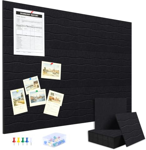 AKONEGE Große Pinnwand 122 x 91 cm Pinnwand aus Filz, Korkplatte Alternativen für Memo, Bilder, 12 Stück 30x30cm Filzboard mit 70 Klebetabs und 20 Pinnnadeln, Vision Boards für Büro Zuhause, Schwarz