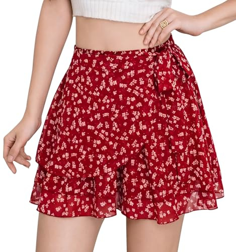 Aunribor Falda Corta Floral de Chifón para Mujer Falda Mini Ligera Casual | Volantes superpuestos en bajo, Cintura alta elástica, Línea A, Lazo cordón en cintura, Forro shorts, Color sólido, Estampado