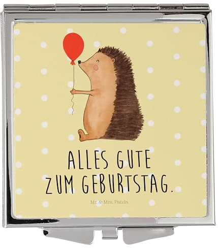 Mr. & Mrs. Panda Handtaschenspiegel quadratisch Igel Luftballon - Geschenk, Schminkspiegel, Tiere, schminken, lustige Sprüche, Gute Laune, Silber,