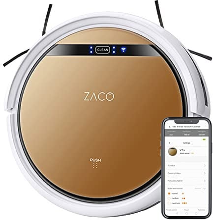 ZACO V5x Saugroboter mit Wischfunktion, App & Alexa Steuerung, 8,1cm flach, automatischer Roboter, 2in1 Wischen oder Staubsaugen, für Hartböden, Fallschutz, mit Ladestation, Mit Wlan, 22 W, 65 Dezibel