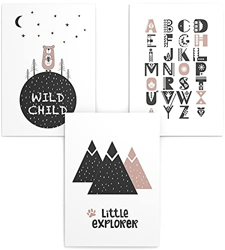 Papierschmiede® Kinderposter 3er Set, DIN A4 (21x30 cm) Wanddeko, Geschenk für Jungen & Mädchen Kinderzimmer Babyzimmer, ABC - Wildchild