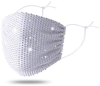 LIEIKIC Damen Mundschutz Kristalle Glitzer Elegant Waschbar Wiederverwendbar Atmungsaktive Mund und Nasenschutz Cover Halstuch für Halloween Abend Party (Weiß)