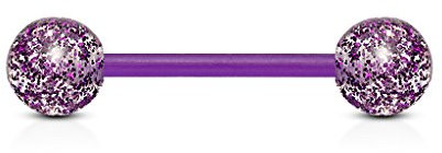 Paula & Fritz® Zungenpiercing-s Glitzer-Kugeln Bioflex Acryl Kunststoff 16mm Stab-länge 1.6 mm Stab-Dicke lila Barbell Kugeln PTFE