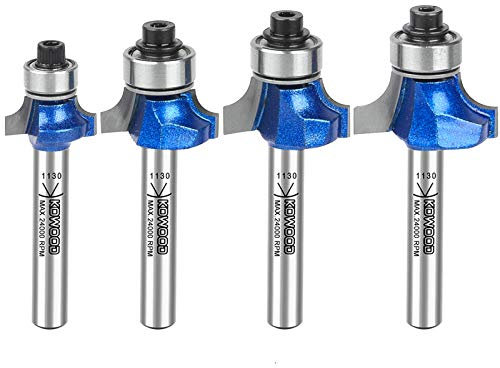 KOWOOD Plus 45 Deg Router Bit Set, 1/4 Inch Shank, Radius in 1/8”, 5/32”, 3/16”, 1/4”. with Updated Kowood C3 Carbide. Great for Round Edges, Ideal for Table, Drawer or Cabinet Edges