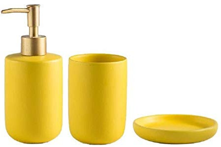 FülleMore 3-teiliges Bad Zubehör Set Keramik Bad Accessoire Set Einfarbig Badausstattung Set Badezimmer-Zubehör-Set aus Seifenspender, Zahnputzbecher, Seifenschale (Matt-Gelb)