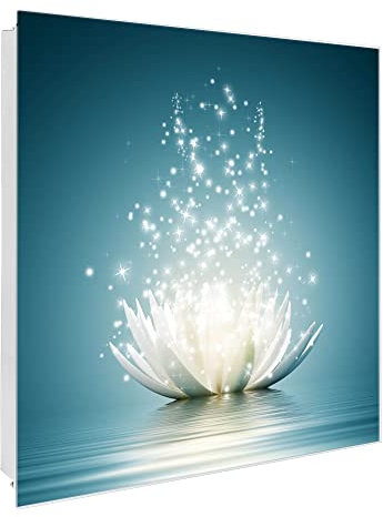 banjado® Großer Schlüsselkasten Glas/Schlüsselbox 30cm x 30cm mit 50 Haken - Motiv Magische Lotusblüte/Schlüsselkasten modern für Schlüsselaufbewahrung mit beschreibbarer, magnetischer Glastür