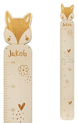 Personalisierte Kinder Holz Messlatte 'Babyfuchs' aus Birkenholz mit Wunschnamen, Messlatte Kind Gravur Motiv Babyfuchs, Fuchs, graviert ca. 15 x 100 cm