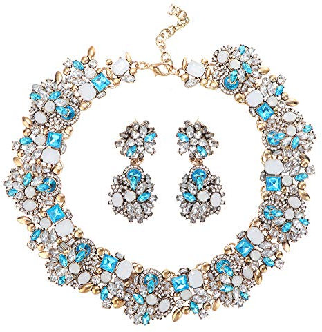 Kakonia Collier à Bavette pour Femmes Collier ras du cou et Boucles D'oreilles Ensemble de Colliers et Boucles D'oreilles en Strass Collier de Mode Vintage Bijoux de Fantaisie Bleu