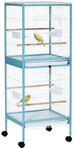 PawHut Gabbia per Uccelli 2 in 1 Voliera per Interni con 4 Ruote Girevoli, Vassoi Estraibili e Contenitori in Plastica, 51.5x50x140 cm, Azzurra