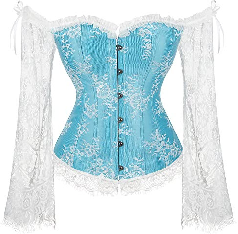 SZIVYSHI Light Blue Corset Tops for Women with Sleeves, Bustier Overbust Lace Up Bodice Lingerie, Renaissance Vintage Steampunk Exotic Fashion Strapless Shirt, Busk Closure,M