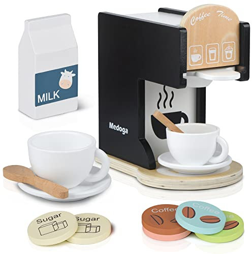Play Kitchen Accessories Kids Wooden Coffee Maker Toy Espresso Machine Toddler Toy Kitchen Sets Age 3+ for Girls and Boys (black)