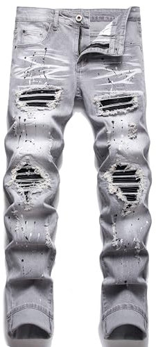 AITITIA Men's Biker Zipper Deco Washed Straight Fit Jeans, 6620 Grey, 32