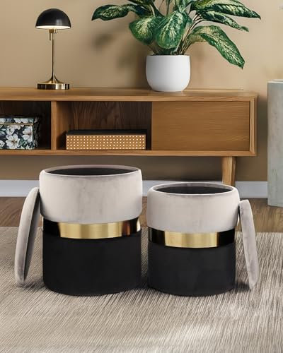 Qiyano Evelyn 2er Set Hocker mit Stauraum Grau, Sitzhocker mit Integrierten Aufbewahrungsboxen, Vielseitig für Wohnzimmer, Schlafzimmer, Garderobe