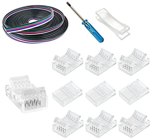 YUTOKEER LED Connector 5-Pin 12mm RGBWW LED Strip to Wire/Strip to Strip Connector Unwired Clips Solderless Adapter Terminal Extension Connection,L-Shape/H-Shape Connectors (Connector With 5m cable)