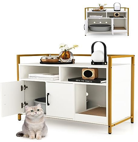 GYMAX Meuble Cache Litière Chat Grand en Bois, avec Griffoir Détachable, Maison de Toilette pour Chat avec 2 Étagères Rangement Ouvertes, Maison Bon Ventilation et Anti-basculement (Blanc)