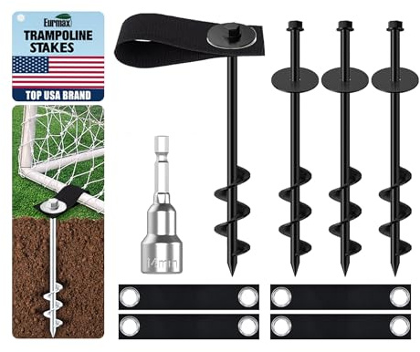 Eurmax USA 4 Pack Universal Ground Anchors High Wind, Heavy Duty Screw-in Trampoline Stakes with 4 Straps, Upgraded Commercial Anchor Kit for Outdoor Sheds, Swing Sets & Mobile Homes (Black)