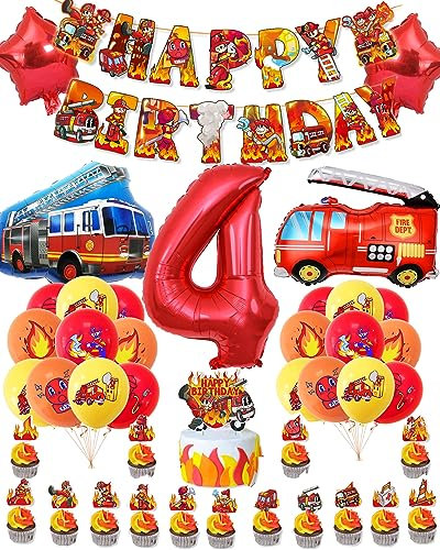 HXJFGDM Feuerwehr Geburtstag Deko - 4 Jahre Junge Kindergeburtstag Feuerwehrauto Deko Luftballons Set,Inklusive tortendeko und Banner,Folienballon Luftballon (4 Jahre)