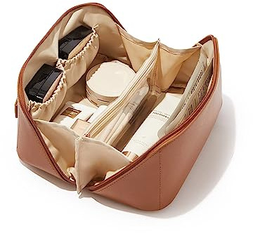 Travel Makeup Bag,Large Capacity Cosmetic Bags for Women,Waterproof Portable Pouch Open Flat Toiletry Bag Make up Organizer with Divider and Handle (Brown, Medium)