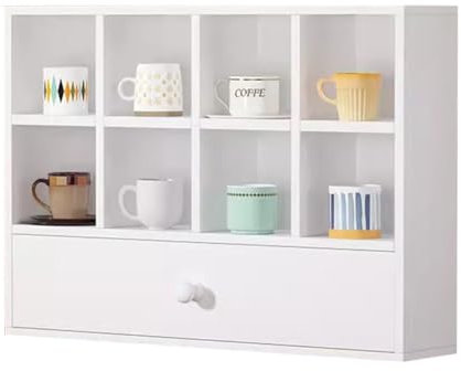 zktoermn Coffee Mug Display Rack, With Drawers Wooden Display Shelves Travel Mug Shelf Small Item Display Unit Wall Mounted Coffee Mug Rack Holder Shadow Box Shelf (Color : White, Size : 60x17x45cm)
