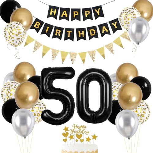50th Birthday Decorations for Men Women,50th Birthday Balloons with Number 50 Foil Balloon Black Gold Silver Balloons Happy Birthday Banner Birthday Cake Topper for 50th Party Decorations