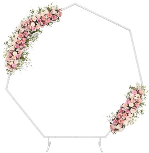 Shinoske 2.2M Arches de Mariage Heptagonale en métal Blanc pour cérémonie, Arche de Jardin en métal pour Mariage, Kit d'arche de Ballons, décoration pour fête Anniversaire Mariage (Blanc)