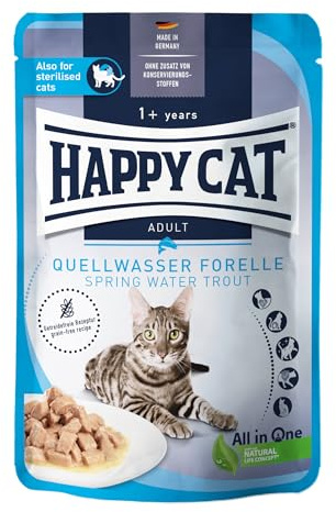 Happy Cat Culinary Meat in Sauce Forelle Nassfutter Pouch, 85 g | Getreidefreies Nassfutter mit Forelle in Sauce, für ausgewachsene Katzen ab 12 Monaten, Pouch 85 g