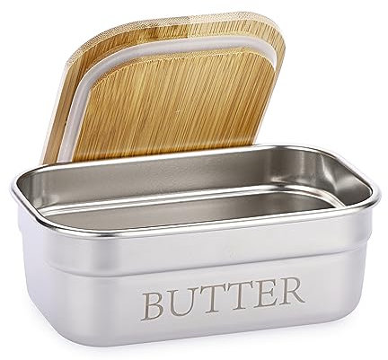 SUMNACON Mantequera de acero inoxidable con tapa de bambú para encimera, resistente almacenamiento de mantequilla, mantequilla, campana, 1 pieza de mantequilla de la costa oeste oriental plateada