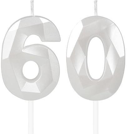 Yiran White 60th Birthday Number Candles, 3D Design, Eco-Friendly, Unscented, Novelty Candle, Celebration, Anniversary