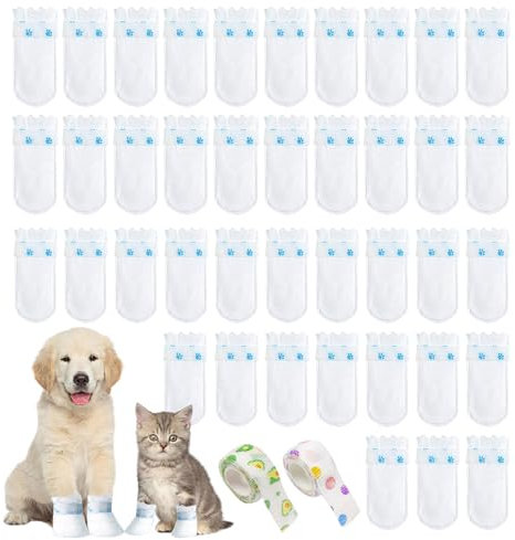 FUIPVGI 42 Stücke Einweg-Hundeschuhe, verstellbare Einweg-Hundesocken, Allwetter-Hundestiefel, verletzte Pfoten, wasserdicht, Haustier-Schuhüberzieher mit Selbstklebender Bandage, für Spaziergänge