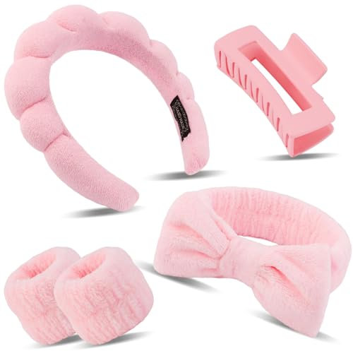 Serre Tete Maquillage, 5 Pièces Élastique Bandeau Skincare Set, Skincare Serre Tete Femme, Bandeau en SPA Douce, Bandeau Poignet en Polaire Corail, pour Maquillage Facial Spa Douche (Rose)