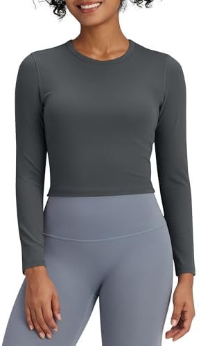 G4Free BareFeel Womens Long Sleeve Crop Top Activewear Shirts Sports Crop Tops Slim Athletic Gym Yoga Shirt Cropped Basic Tight Shirt Dark Gray
