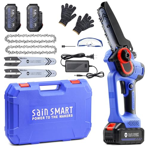 SainSmart Mini Chainsaw 6 Inch Cordless Portable Electric Chainsaw, Handheld Powered Super Saw with 2PCS 3000mAh Batteries, Goggles & Gloves, for Tree Trimming Branch Pruning Woodcutting