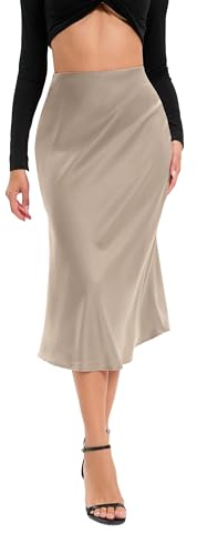 Oyamiki Womens Split Skirt Long Silky Satin Skirts Dressy High Waist Zipper Skirts, L