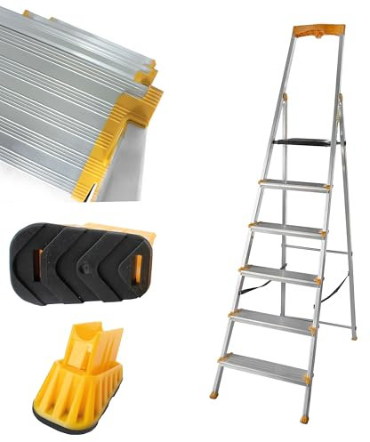 DRABEST Escalera de tijera plegable 6 peldaños - Escalera de aluminio - Escalera plegable robusta con estante y peldaños anchos - 120 mm - Escalera para uso doméstico y trabajo - hasta 150kg