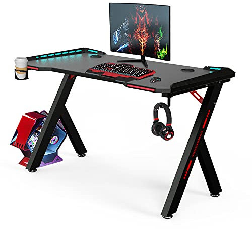 Racingreat Gaming Desk RGB 100CM Computer Desk with Cup Holder and Headphone Hook, Carbon Fibre Surface,Gaming Desk with Led Lights for Home Office,Black