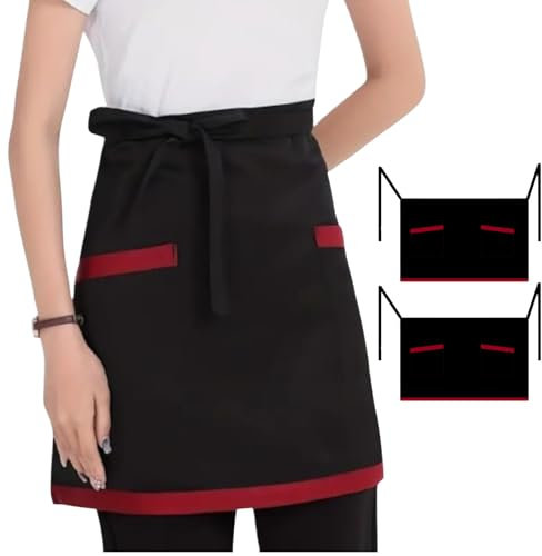 XChef Delantal Cocina Mujer y Hombre - 2 Piezas. Delantal Camarero Corto con Ribete de Color Uniforme Limpieza Mujer 2 Bolsillos - 100% Poliéster Lavado a Máquina - No Necesita Planchado (NEGRO)