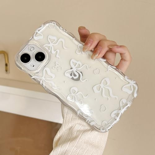 UEEBAI Bow Case for iPhone 13 6.1, Wavy Cute Ribbon Pretty Aesthetic Case Curly Stylish Soft Wave Clear Phone Case Shockproof Protective Pretty Cover for Women Girl - White