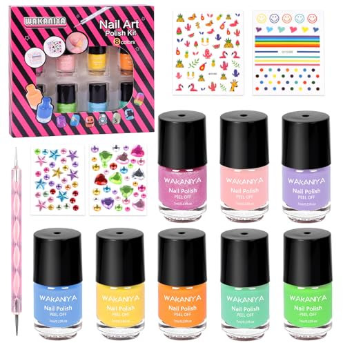 wakaniya Kids Nail Polish Set for Girls, 8 Rainbow Colors Non Toxic Quick Drying Water Base Nail Polish with Diamond Stickers, Low Odor Peel Off Mini Nail Varnish Kit for Kids Toddlers 3+