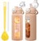 HYDRAGLAZIC 600ml Glass Water Bottle with Straw Reusable Water Bottle with Non-Slip Silicone Sleeve Wide Mouth Leak-Proof for Coffee, Tea and Water,BPA-free, Dishwasher Safe,Amber