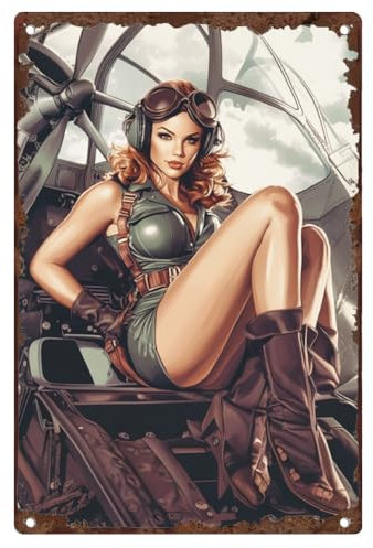 DOODLREAM Pin Up Lady Vintage Tin Sign Military Solider Theme Metal Retro Art Wall Poster for Club Garage Man Cave Decor 7.9 X 11.9 Inch