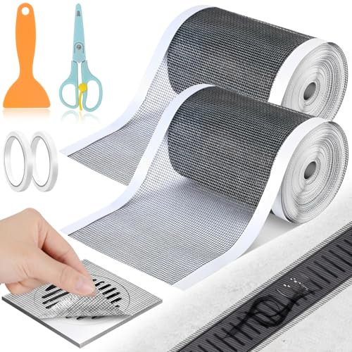 Abflusssieb Dusche Mesh, 2 Stück 5m x 10cm Duschabfluss Haarfänger, Abflusssieb mit Schere und Doppelseitiges Klebeband, Duschabfluss Mesh Abfluss Abdeckung für Küche Badezimmer Badewanne Waschbecken