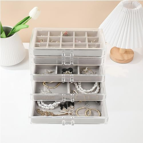 Jinavoty Caja organizadora de joyas de acrílico con bandejas de terciopelo, almacenamiento transparente para pendientes y anillos
