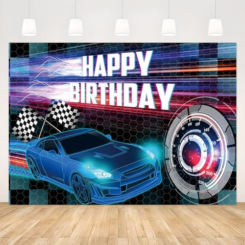 APROPHIC 2.1x1.5m Rennen Alles Gute zum Geburtstag Hintergrund, Männer Blau Racing Geburtstagsbanner, Auto Alles Gute zum Geburtstag Fotohintergrund Kuchen Zhuo Dekoration Banner