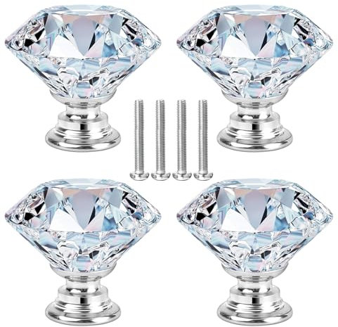 Gurfzcyuoo Crystal Knobs, 20mm Diamond Drawer Cabinet Door Pull Crystal Door Handles with Lengths of Screws for Cupboards Wardrobes Drawers Home Decoration(Silver) (20mm)